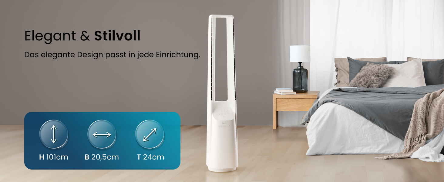 Вентилятор без лопатей Pro Breeze 101 см з пультом, LED дисплеєм, 6 швидкостями, 5 режимами, автоколиванням 60° та таймером 7 годин - білий