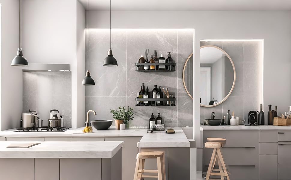 Полка для душу без свердління, алюмінієва полиця для душу, самоклеюча, чорна (2 шт.)