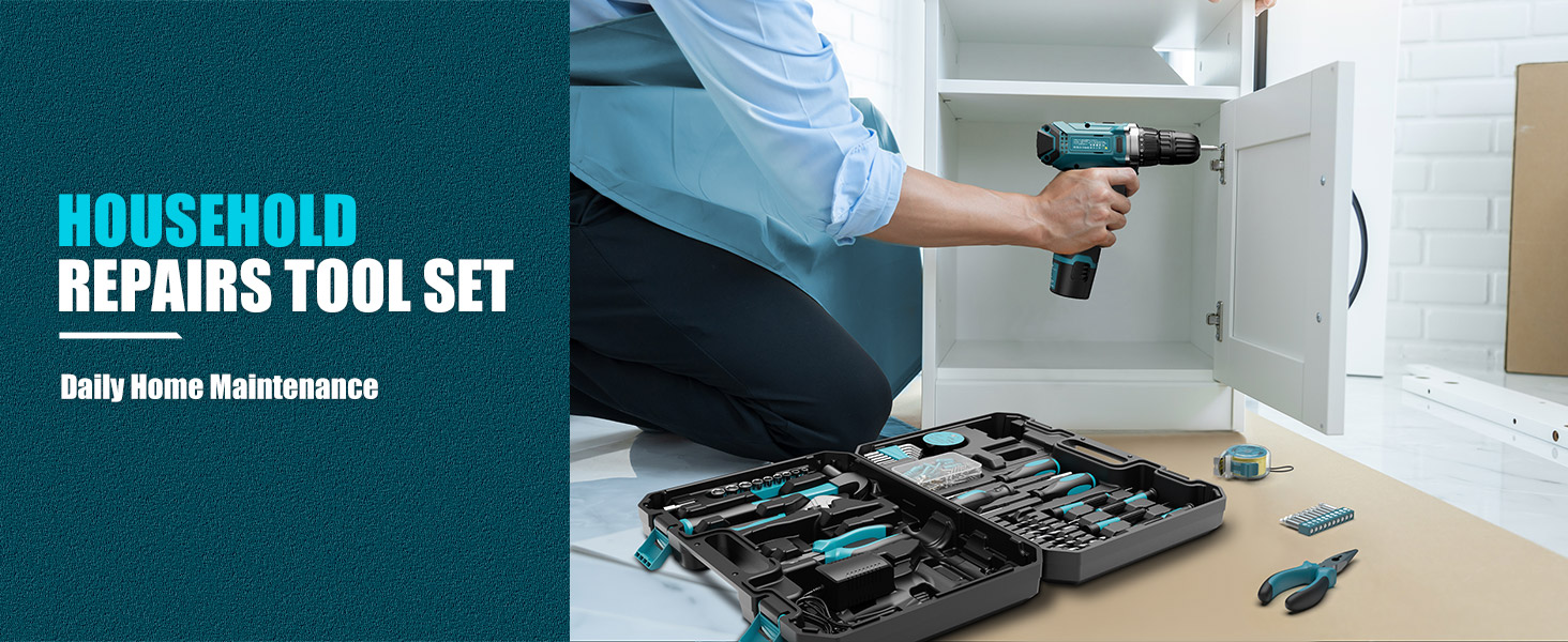 Набір інструментів Sundpey 206 шт. з акумуляторною дрилю, 12V, для ремонту та DIY, блакитний