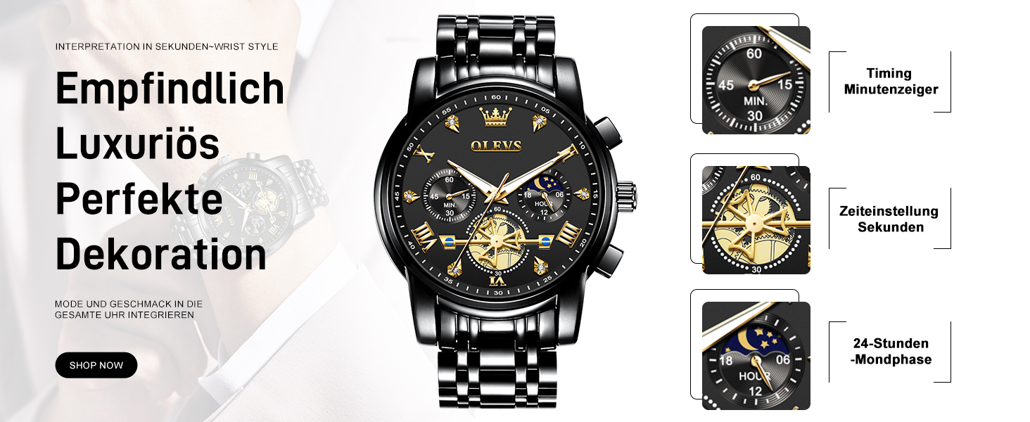 Годинник чоловічий OLEVS з металевим ремінцем, кварцовий, з місячною фазою, хронограф, водонепроникний, чорний (2856)