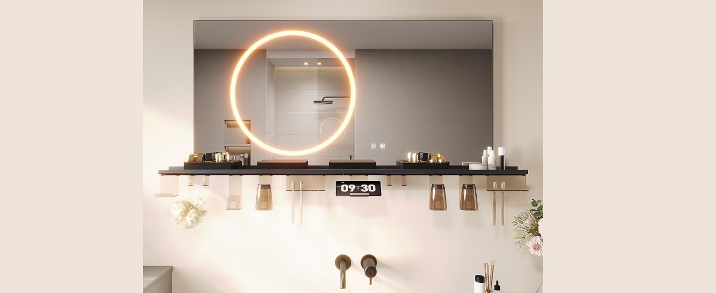 Дзеркало для ванної кімнати SONNI з підсвічуванням 120x60 см, 3 кольори світла, антизапар, годинник, температура, LED, сенсорне керування, білий
