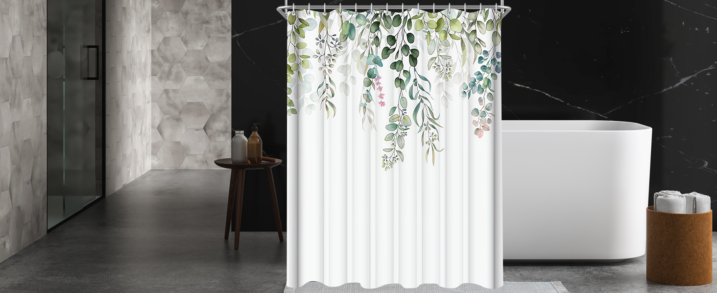 Штора для душу 200x200 см, зелені листя, антигрибкова, текстильна, водовідштовхувальна, пральна, поліестер, з кільцями (12 шт.) для ванної кімнати