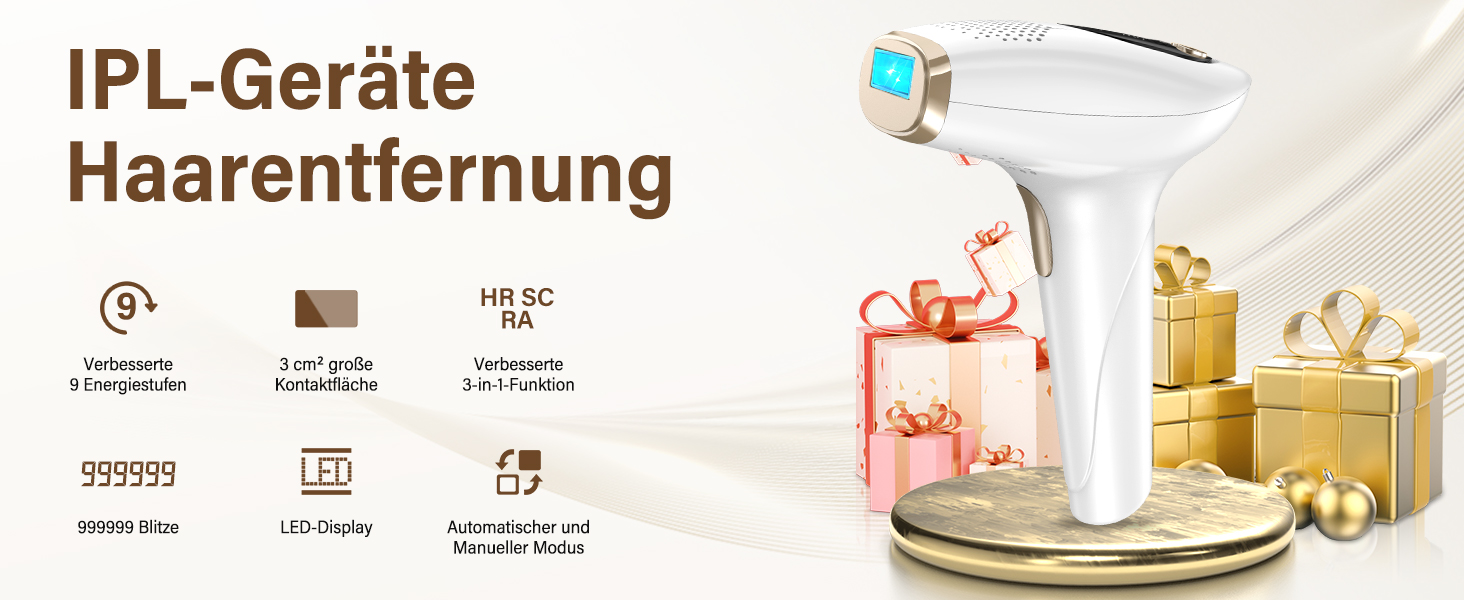 Пристрій для епіляції IPL з лазером та охолодженням, 3 функції (HR/SC/RA), 9 рівнів енергії, 999 999 імпульсів, для чоловіків/жінок/обличчя/бікіні/тіла (білий)