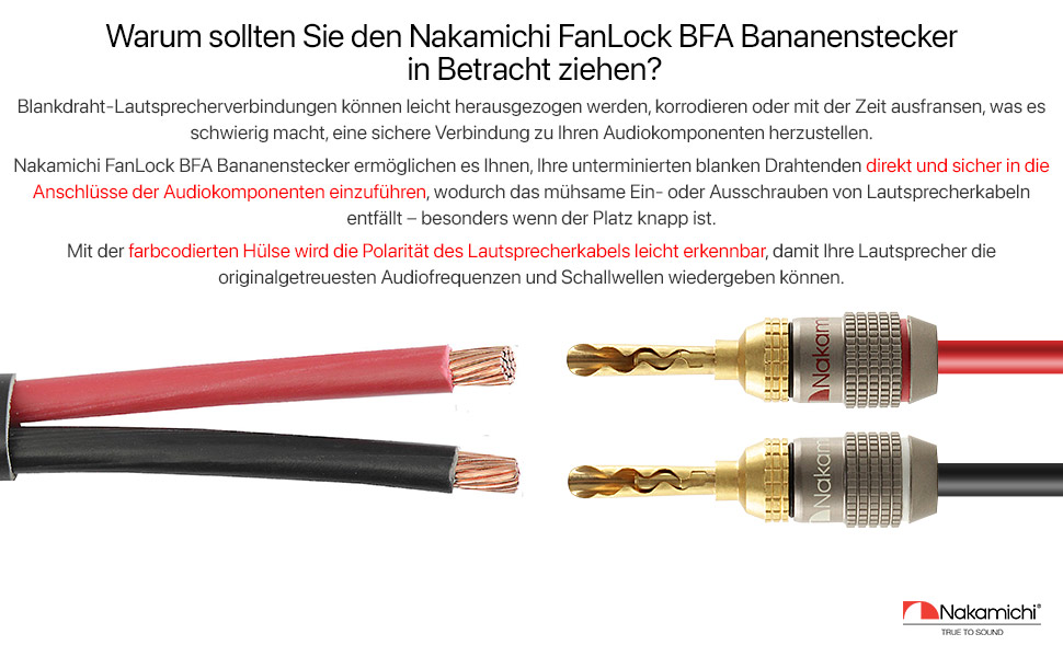 Бананові роз'єми Nakamichi FanLock Excel-Serie, 24K позолочені BFA коннектори для акустичних кабелів 10-18 AWG, 4 мм, для Hi-Fi стерео та домашнього кінотеатру, 4 шт (2 пари)