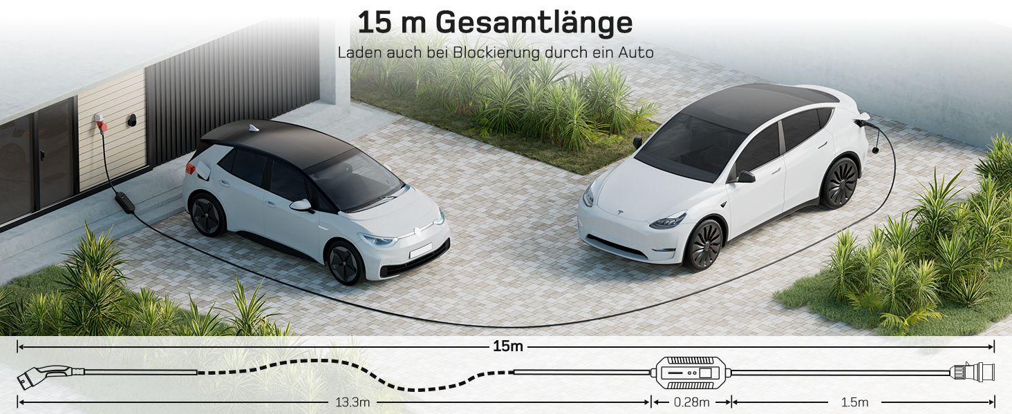 Мобільна зарядна станція/Wallbox Dé 11 кВт (3-фазна) з регульованою потужністю, кабель CEE 16A на Typ 2, сумісна з Model Y/3, ID.3/4/5, MG4, EX30, e-up, e-tron, Zoe та інші електромобілі