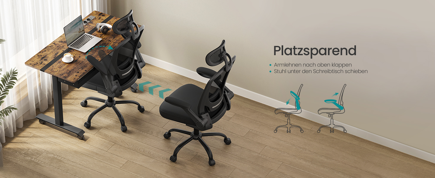 Офісне крісло SONGMICS з ергономічною спинкою з сітки, поперековою та підголівником, функцією гойдання, сидінням 53 см, відкидними підлокітниками, для робочого та спального місця, студентів, OBN37BK (Чорний)