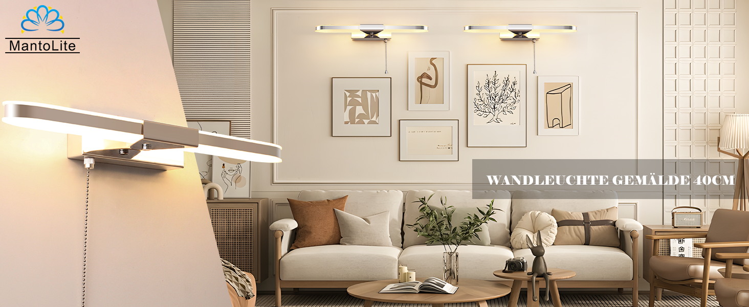 Світильник для ванної MantoLite LED з вимикачем, 40 см, 8 Вт, 3000K, настінна лампа для дзеркала з нержавіючої сталі й акрилу, сучасне підсвічування для готелю, ресторану