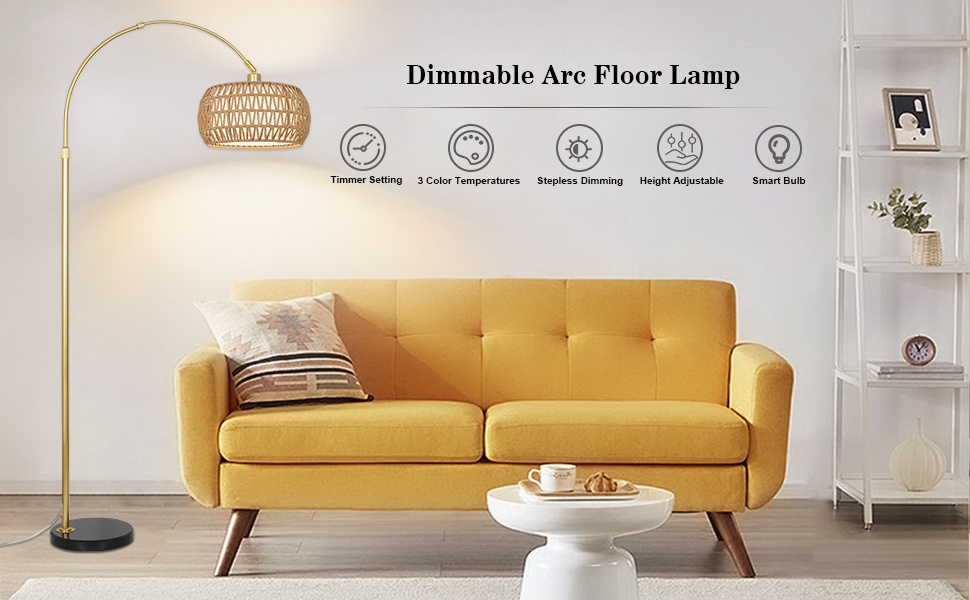 Rayofly Торшер для вітальні Bogenlampe, бохо стиль, ротанг, з пультом ДУ та LED-лампою, керування через додаток, димування, для спальні, офісу (Золотий)