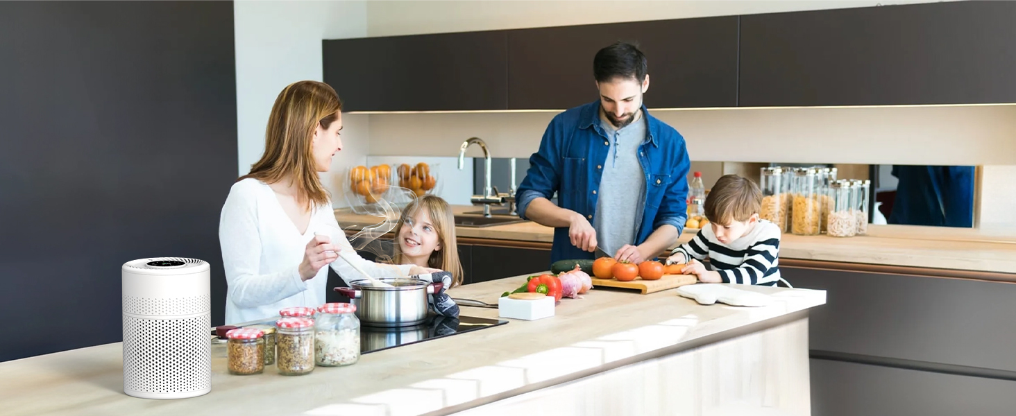 Розумний очищувач повітря WiFi з керуванням через додаток та голосовими помічниками Alexa/Google - 360° повітряний потік, фільтр HEPA H13 (99,97%), нічний режим 20 dB, CADR 90 м³/год, кольорове підсвічування для спальні (KJ1-6)