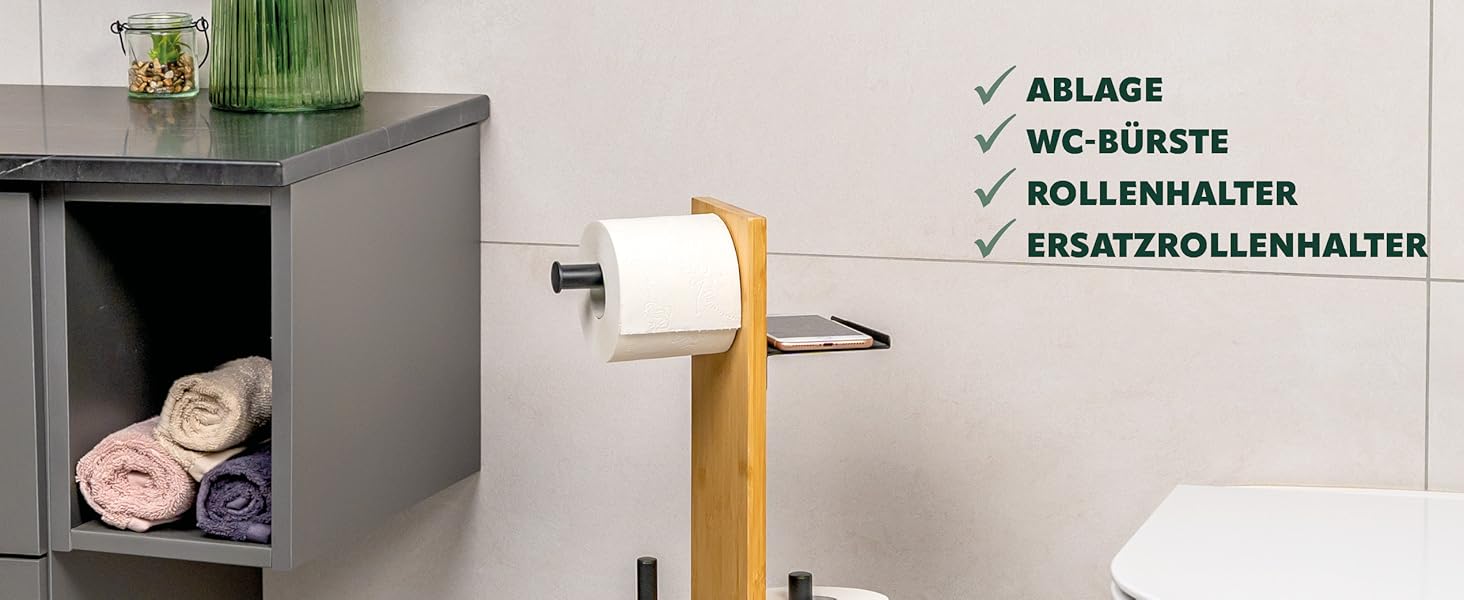 Набір для туалету Eluno Stand-WC 4в1: щітка, тримач туалетного паперу, полиця, бамбук/метал (чорний)