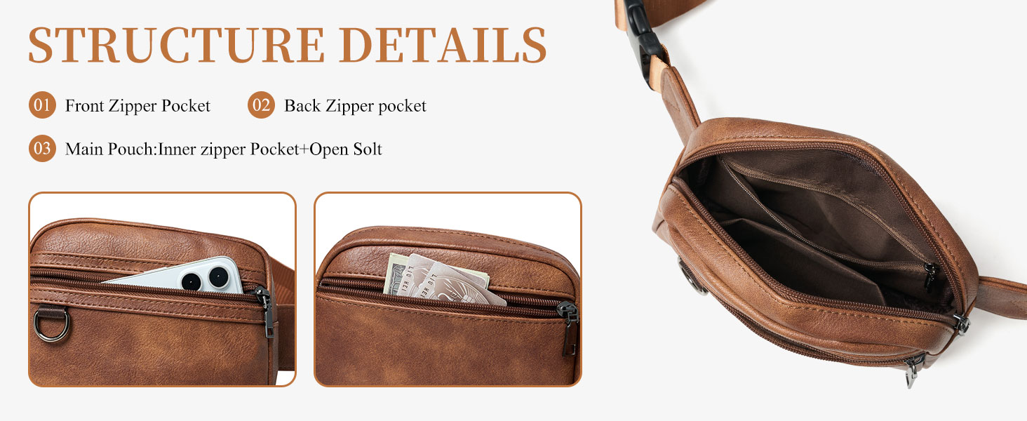 Жіноча та чоловіча поясна сумка, 2 л, веганська шкіра, коричнева, 8 дюймів, для подорожей, хайкінгу, бігу