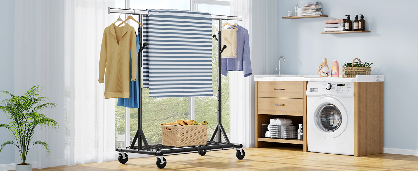 Легкий мобільний вішак для одягу на колесах FAVOOOSTY, металевий, до 200 кг, чорний, 1 стяжка