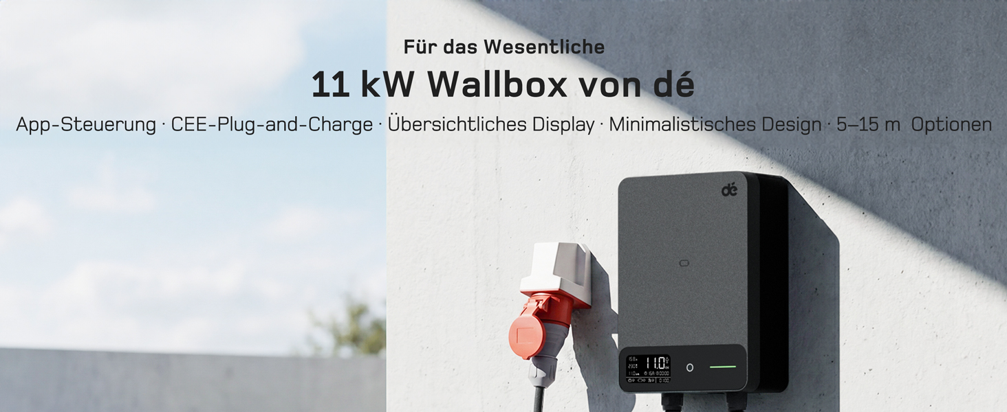 Wallbox 11 кВт з Wi-Fi та кабелем Type 2 7,5м, 3-фазне зарядне для електромобілів (BEV/PHEV), захист RCD Type A 30mA/DC 6mA, IP54, чорний