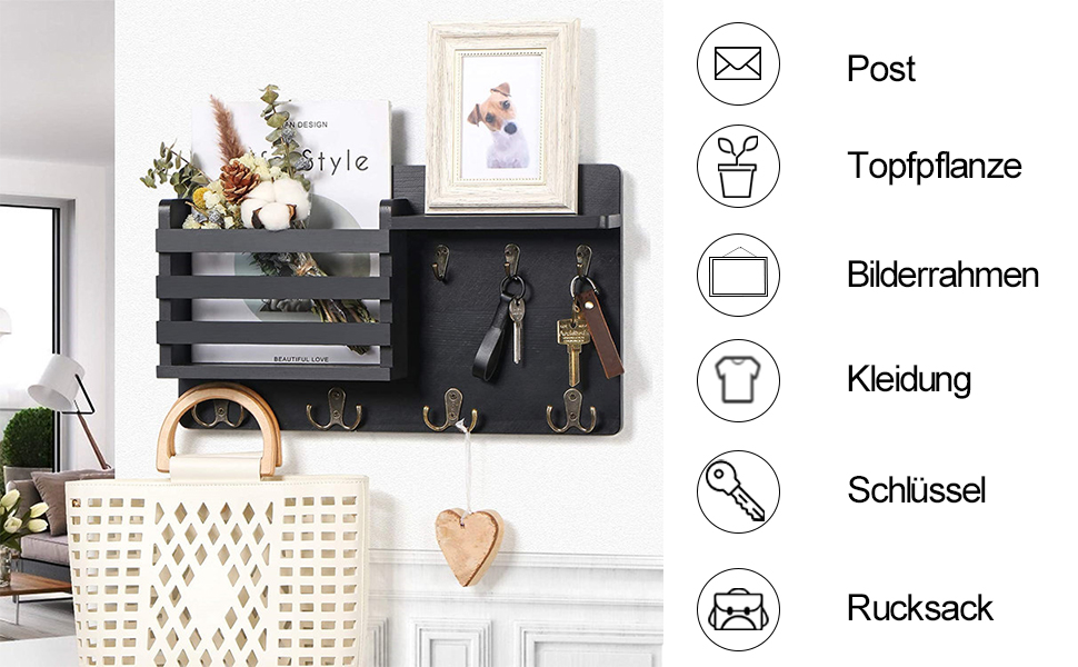 Настінна вішалка для ключів з дерев'яною поштою та полицею, ключниця на стіну, дерев'яне ключове тримач, 4 гачки, рустикальний декор для входу, передпокою, офісу, чорний