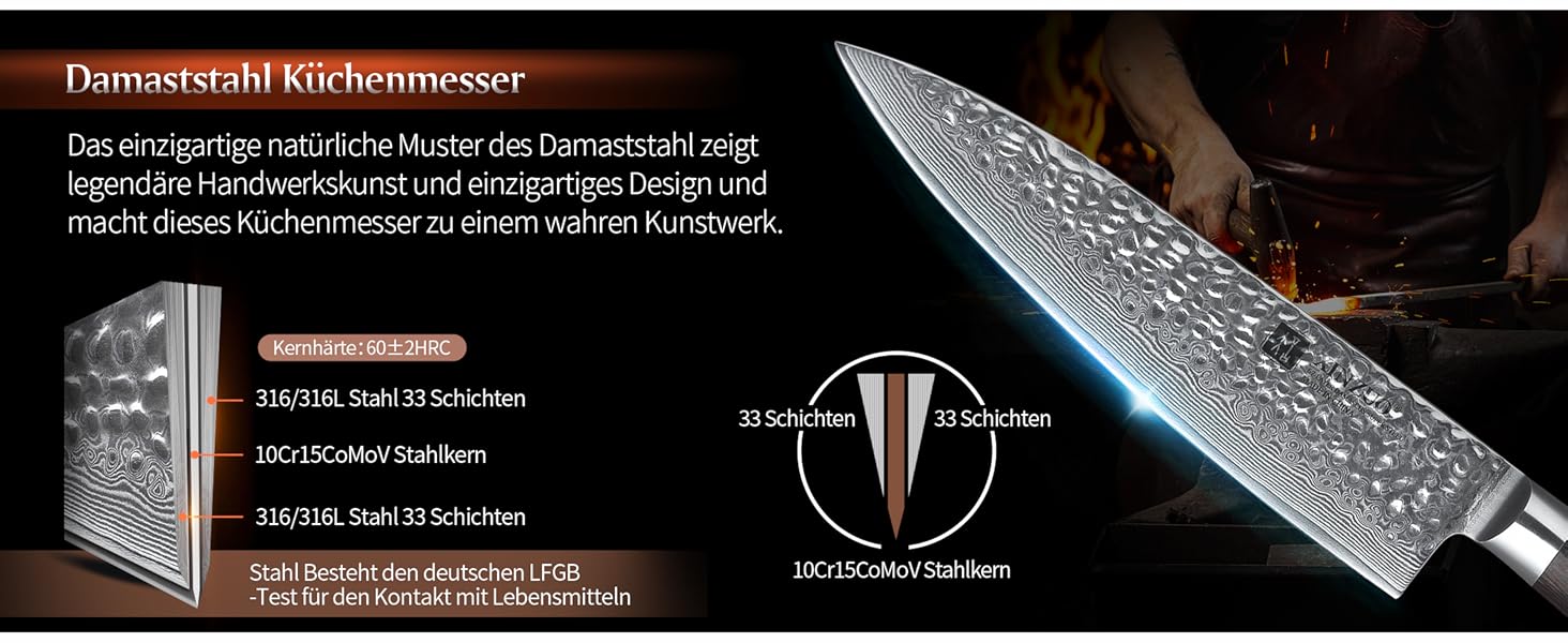 Ніж кухарський XINZUO Gyuto 20.1 см з дамаської сталі, професійний, серія He