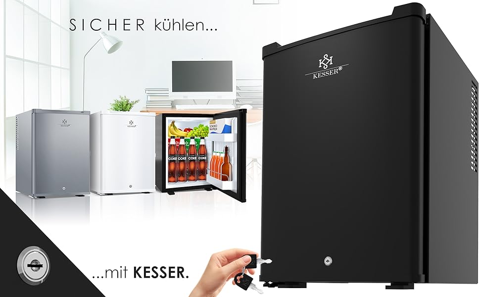 Міні-холодильник KESSER® 40L з замком: для кемпінгу, офісу, спальні, готелю, кухні. Безшумний, з LED-підсвіткою та відкривачем для пляшок. Срібний колір.