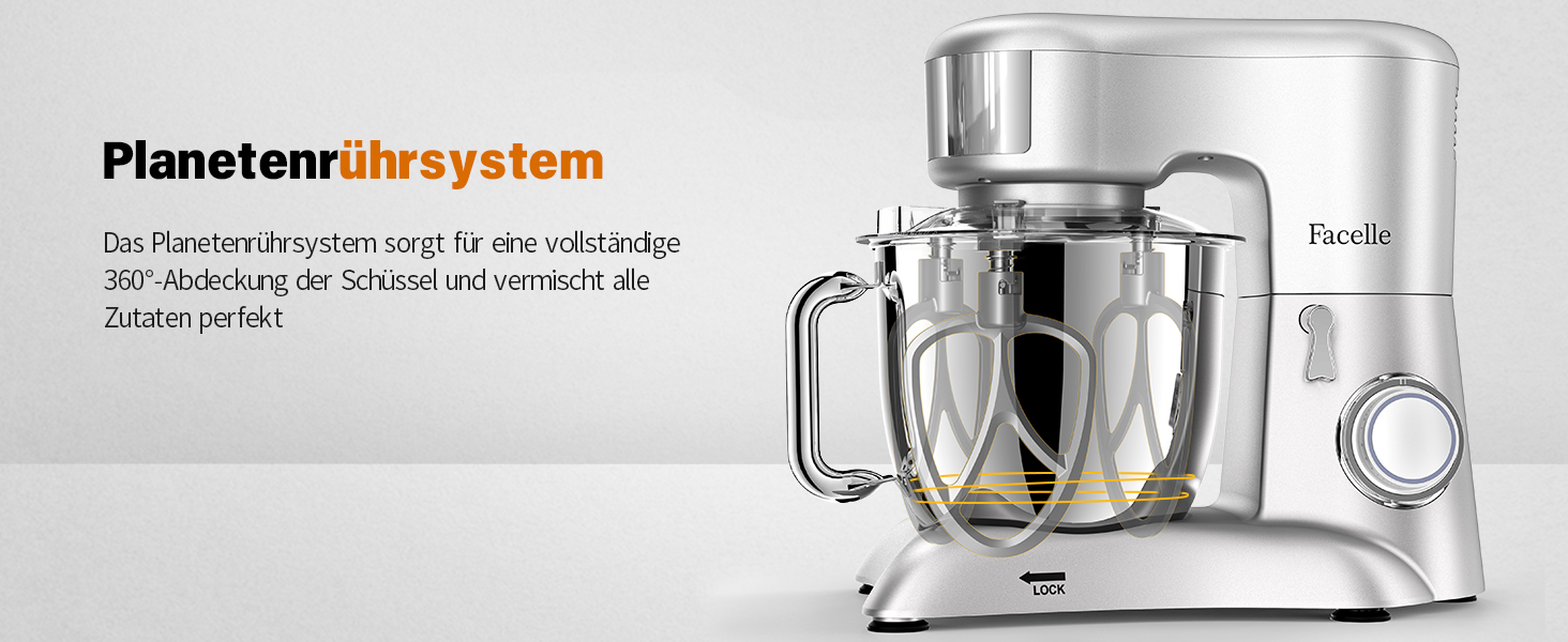 Кухонна машина Facelle 6.5L з нержавіючої сталі, 10 швидкостей + імпульсний режим, міксер для тіста з набором для випічки