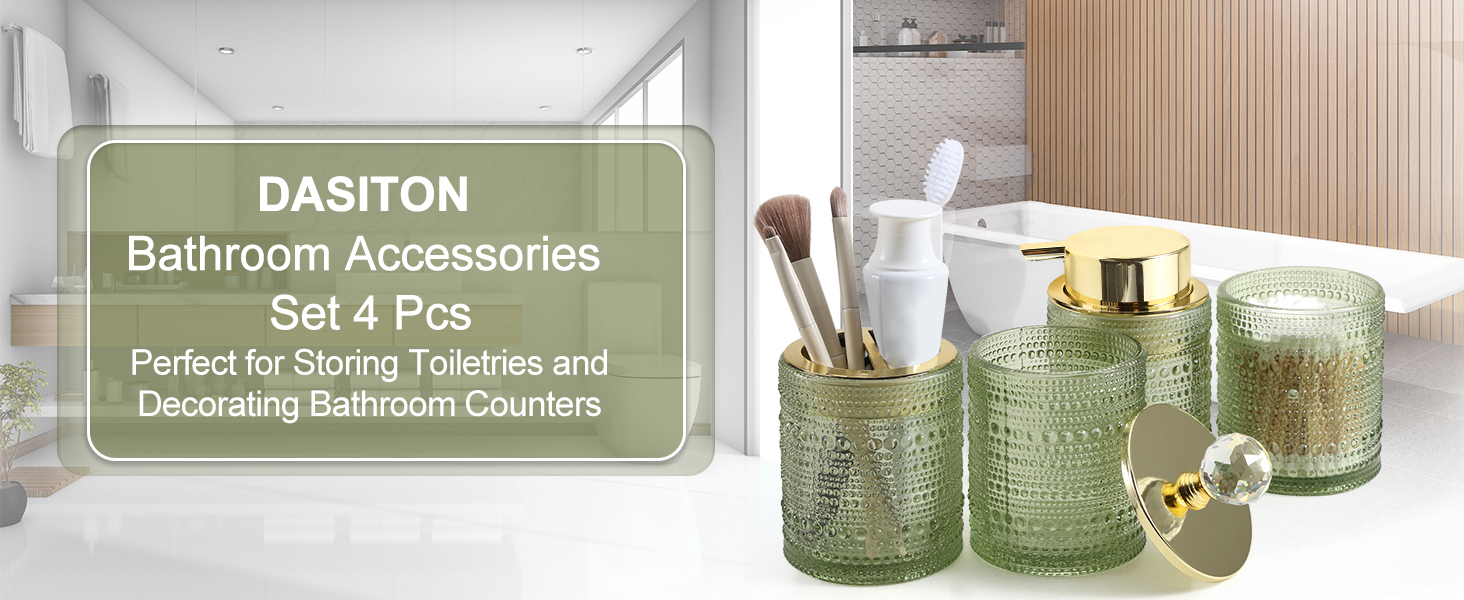 Набір аксесуарів для ванної кімнати Dasiton зі скла, 4 шт: дозатор для мила, тримач для зубних щіток, стаканчик для зубної пасти, контейнер для ватних паличок, декор для ванної кімнати, преміум-якість (зелений)