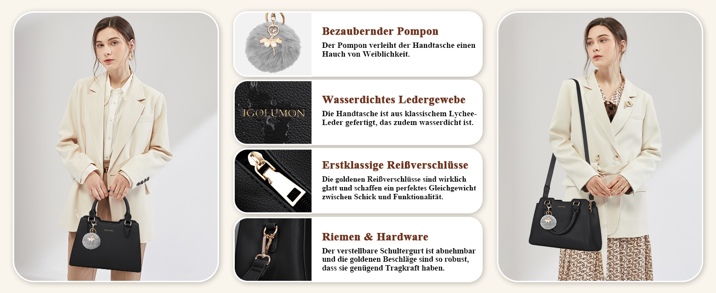 Жіноча сумка IGOLUMON шкіряна середнього розміру, сумка-тоут, сумка на ручку, чорна