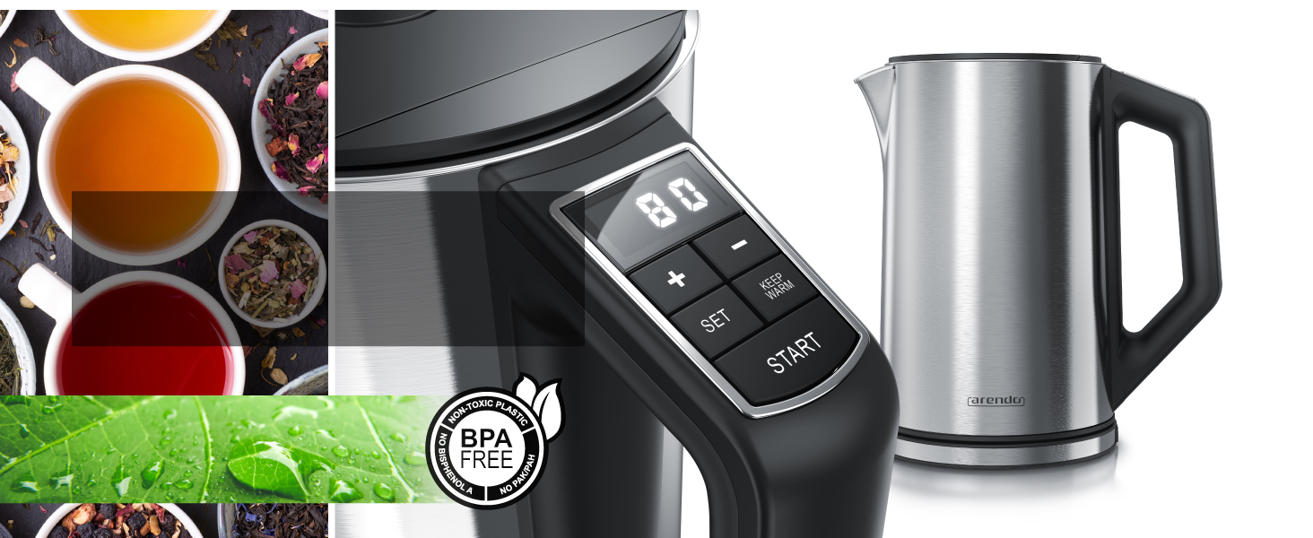 Набір Arendo: чайник, тостер та яйцеварка, нержавіюча сталь, сірий, 1.5л, 40-100°C, 4 тости, LED-дисплей, 6 рівнів підсмажування, на 1-6 яєць