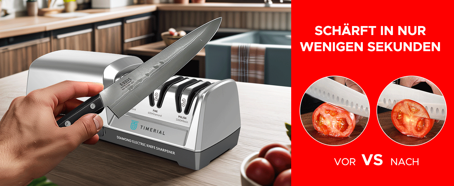 Електричний точило для ножів TIMERIAL з алмазними дисками 3-х ступенів, 15° кут, для сталевих кухонних ножів, 120/600/1000 grit