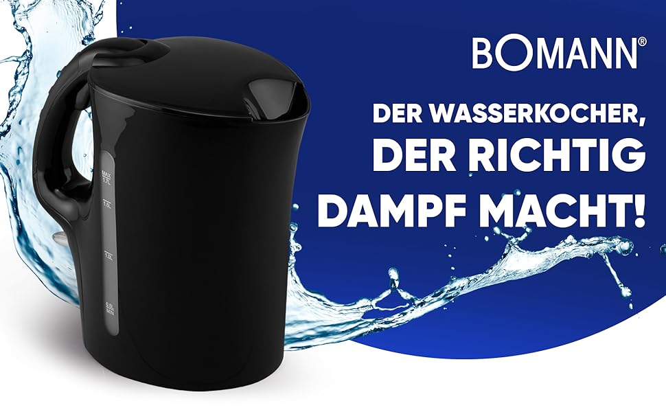 Електричний чайник Bomann WK 6079 CB: 1,7 л, автоматичне/ручне вимкнення, фільтр від накипу, 2200 Вт, чорний матовий