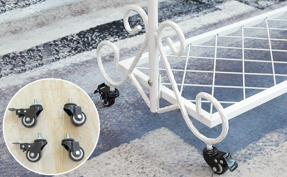 Clothes Rack, Garment Rod, Coat Rack with Shoe Storage, Width 136cm, Vintage Style Metal, Height Adjustable from 126 to 200 cm (White with Wheels)