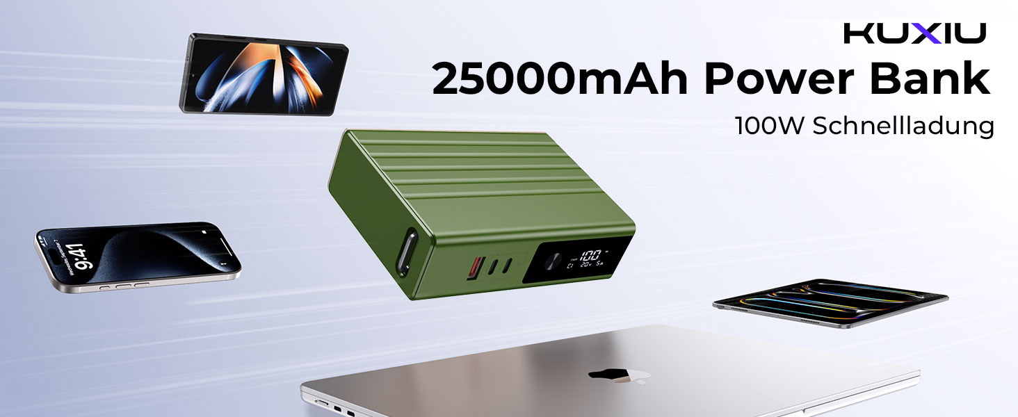 Power Bank KU XIU 25000mAh 100W з 3-портом, LCD-дисплеєм, PD 3.0 для MacBook, iPhone, Galaxy, iPad (Зелений)
