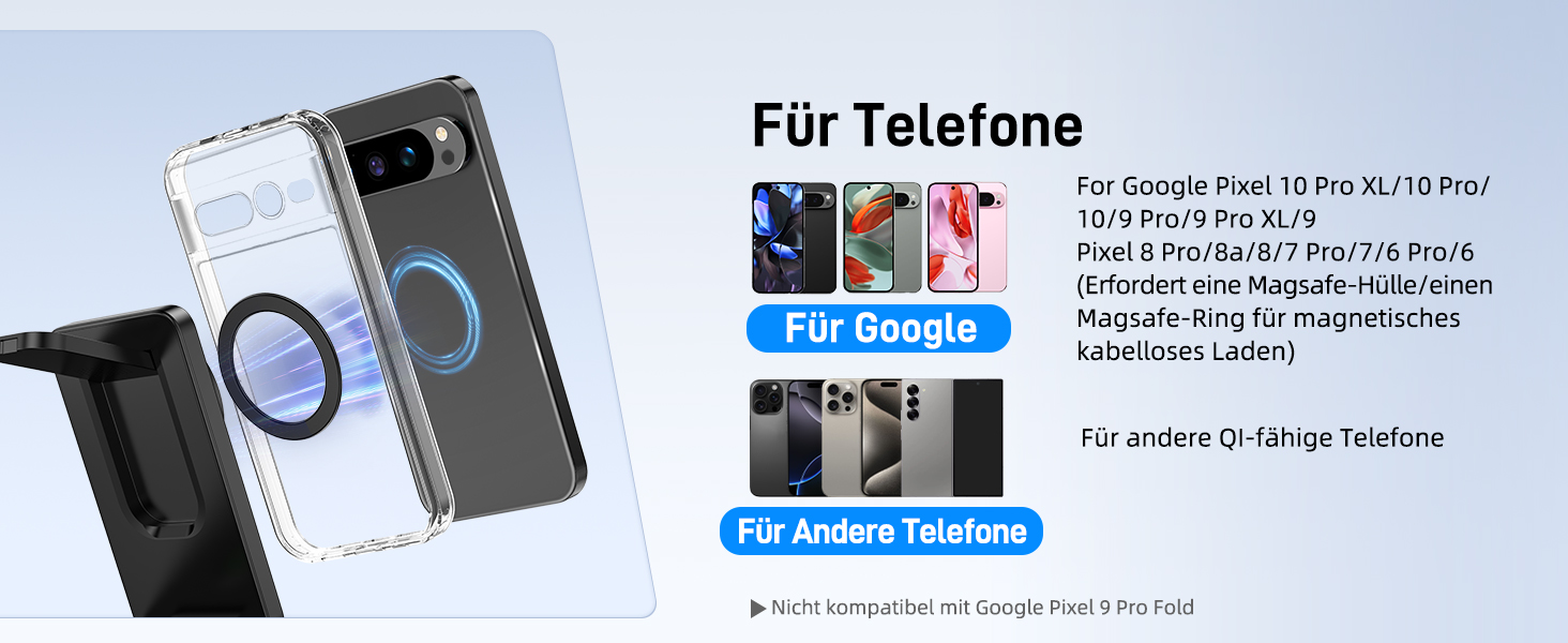 Магнітна зарядна станція 3-в-1 для Google Pixel Watch 3/2, Pixel 10/Pro/XL, 9/Pro/XL та Pixel Buds. Бездротовий зарядний пристрій Magsafe, складаний, для подорожей.