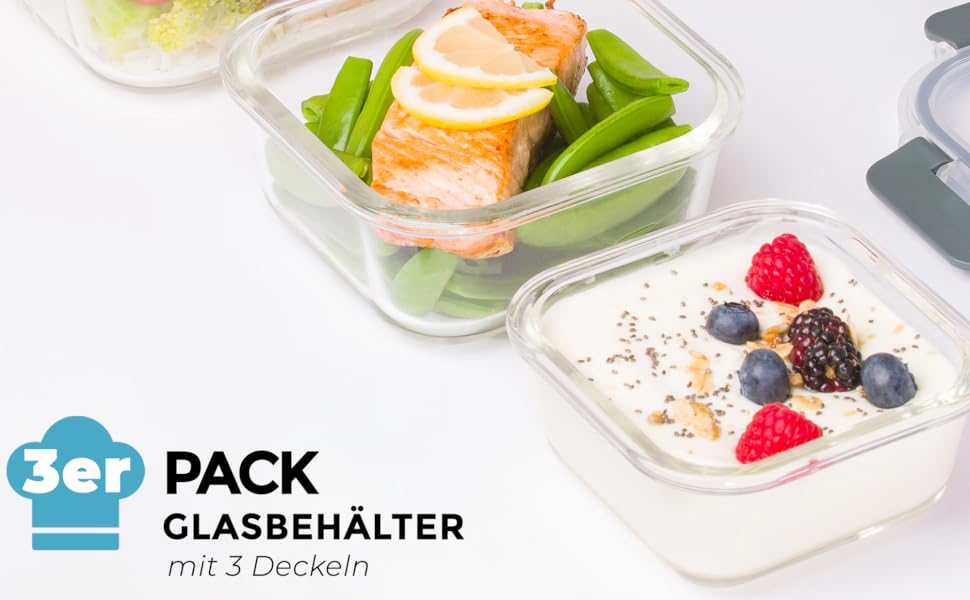 Контейнери для харчування Igluu, скляні, 3 шт. (400/650/950 мл) - BPA-free, мікрохвильова піч, духовка, морозилка, посудомийна машина, герметичні, жаростійке боросилікатне скло