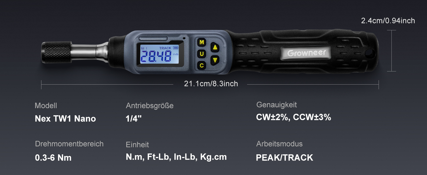Цифровий динамометричний викрут GROWNEER 2.66-53.1 In-lbs/0.3-6 Nm з LED-дисплеєм та звуковим сигналом, 1/4'' Drive, 27 в 1
