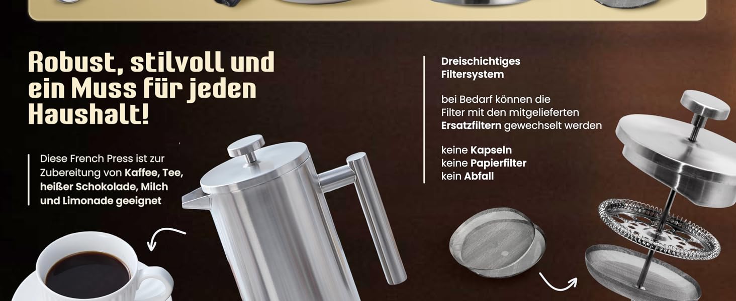 Набір для приготування кави френч-прес, 1 літр, з молочний спінювач, з нержавіючої сталі, термоізольований