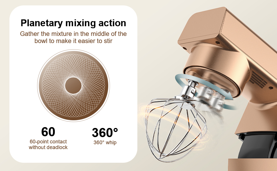 Кухонна машина Cheflee 1500W з місткими чашами з нержавіючої сталі (4.5L, 5.5L) та 10+ швидкостей, набір насадок (міксер, гак для тіста, вінчик, захист від бризок) (Золота)