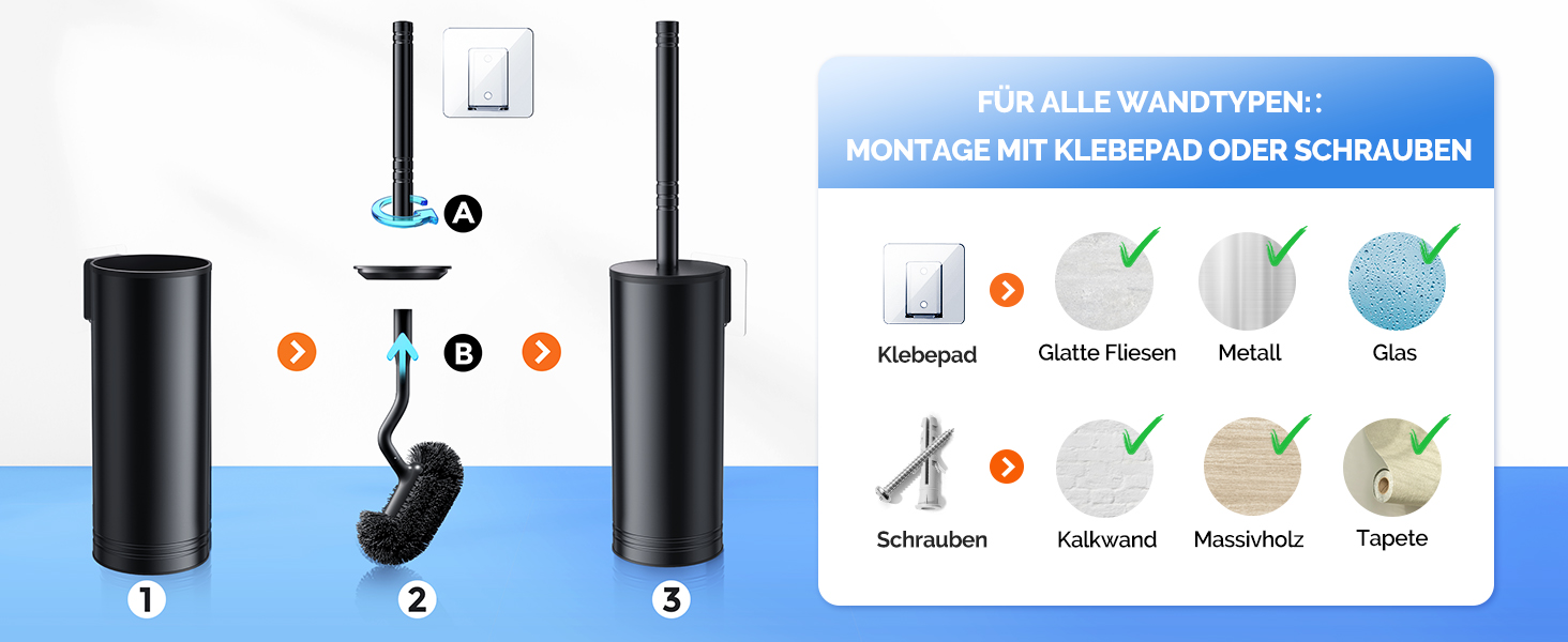 Набір для чищення унітазу HAMITOR з нержавіючої сталі: щітка для унітазу з кріпленням на стіну без свердління, для глибокого очищення під краєм, з швидковисихаючим підставкою, довга ручка, чорний, 1 шт.