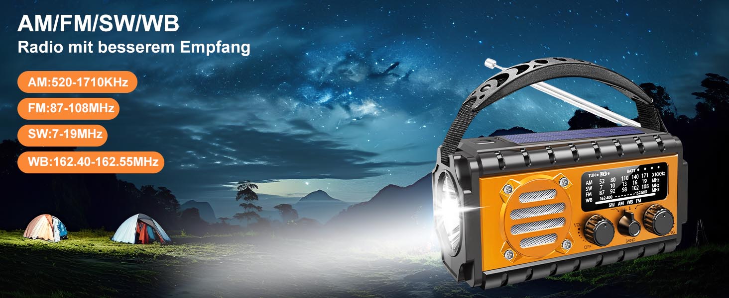 Радіо на ручному валу з сонячною панеллю, 20000 mAh Powerbank, AM/FM/SW/WB радіо погоди, 4 джерела живлення, ліхтарик, USB-C зарядний пристрій & SOS-сигнал, водонепроникне (IPX6) для відпочинку на природі, кемпінгу, будівельних майданчиків, помаранчеве