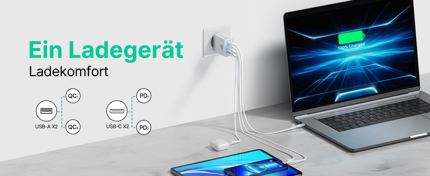 Подвійний зарядний пристрій USB-C Aioneus 40W з 4 портами PD+QC, багатопортовий адаптер живлення для iPhone 15, Samsung та інших смартфонів