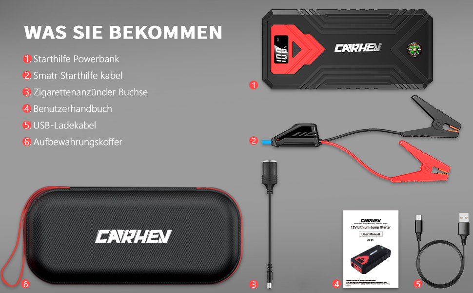 Портативний пусковий пристрій Starthilfe Powerbank для автомобіля: 3000A, LED ліхтарик, 12V, для бензинових та дизельних двигунів (до 10L)