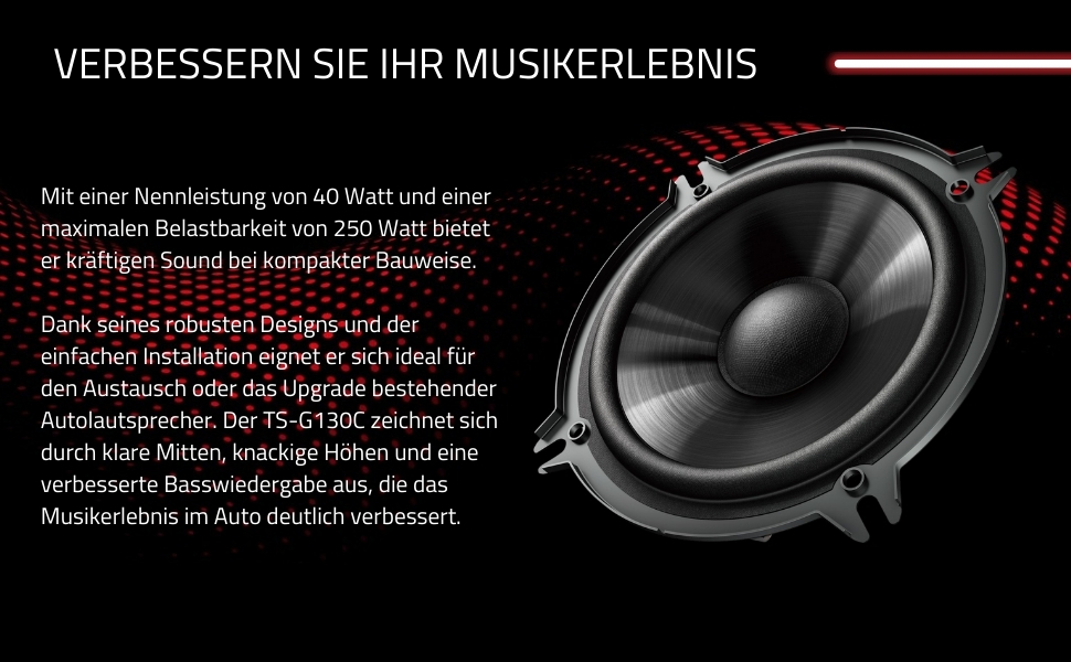Автомобільна акустика Pioneer TS-G130C 13 см, 250 Вт, 2-смугові компонентні динаміки, потужний звук, IMPP-дифузор, оптимальний бас, 40 Вт RMS, монтажна глибина 44 мм, чорні, 2 шт.