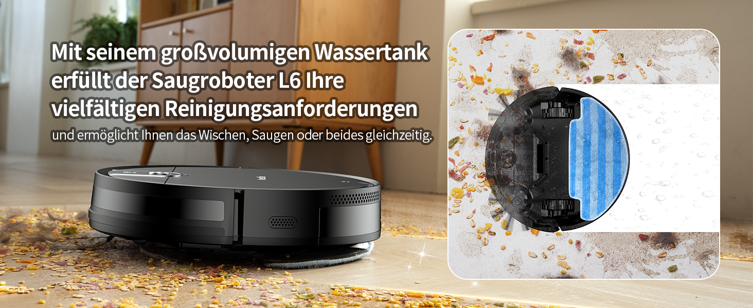 Робот-пилосос VersLife L6 з функцією миття, 4000Pa, керування через додаток, Alexa, до 120 хвилин роботи, ультратонкий дизайн, для шерсті тварин, килимів та твердих підлог, чорний