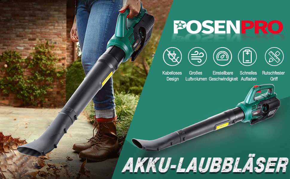 Акумуляторний повітродув POSENPRO 20В, 155 км/год, 480 м³/год, 23000 об/хв, 2 швидкості, з акумулятором 4000 мА·год та зарядним пристроєм, для саду, газону та прибирання снігу
