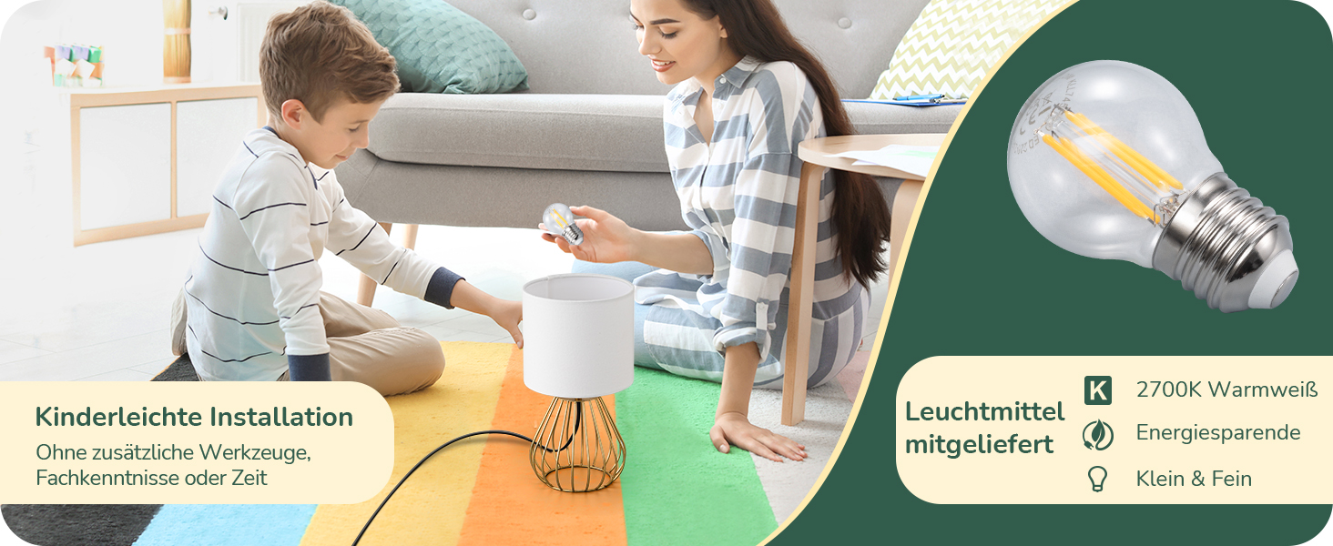 EDISHINE Настільна лампа, сучасний дизайн, індустріальний стиль, Е14 цоколь, вінтажна, для спальні/вітальні, бежево-чорна (льон + золото)