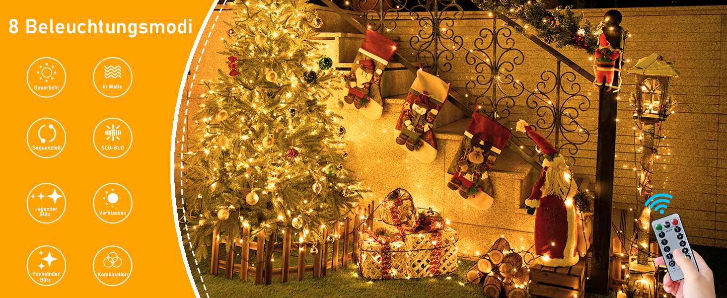 Ланцюжок прикрас (гірлянда) на батарейках, 30м, 300 LED, для внутрішнього та зовнішнього використання, з таймером, 8 режимів, водонепроникна, тепле біле світло, зелений кабель, для декору на Різдво, в сад, на вечірку