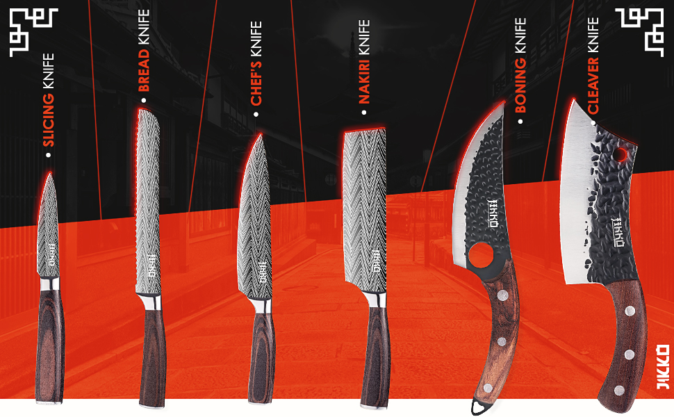 Набір кухонних ножів JIKKO® з японської сталі AUS-6 – повний набір кухонних ножів преміум-класу з ручками з махагоні та горіха – високоякісні кухонні ножі