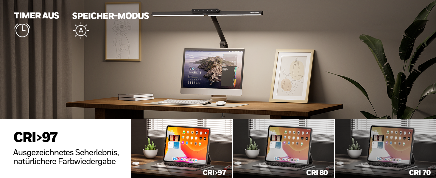 LED лампа для столу Honeywell HJ1 Sunturalux™ - регульована, для офісу та дому, з кріпленням, чорна