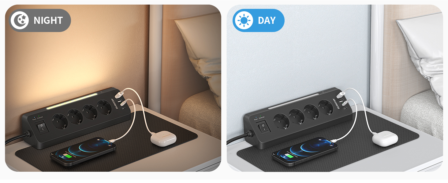 Кутовий мережевий фільтр з 4 розетками та 4 USB-портами, подовжувач з вимикачем, чорний