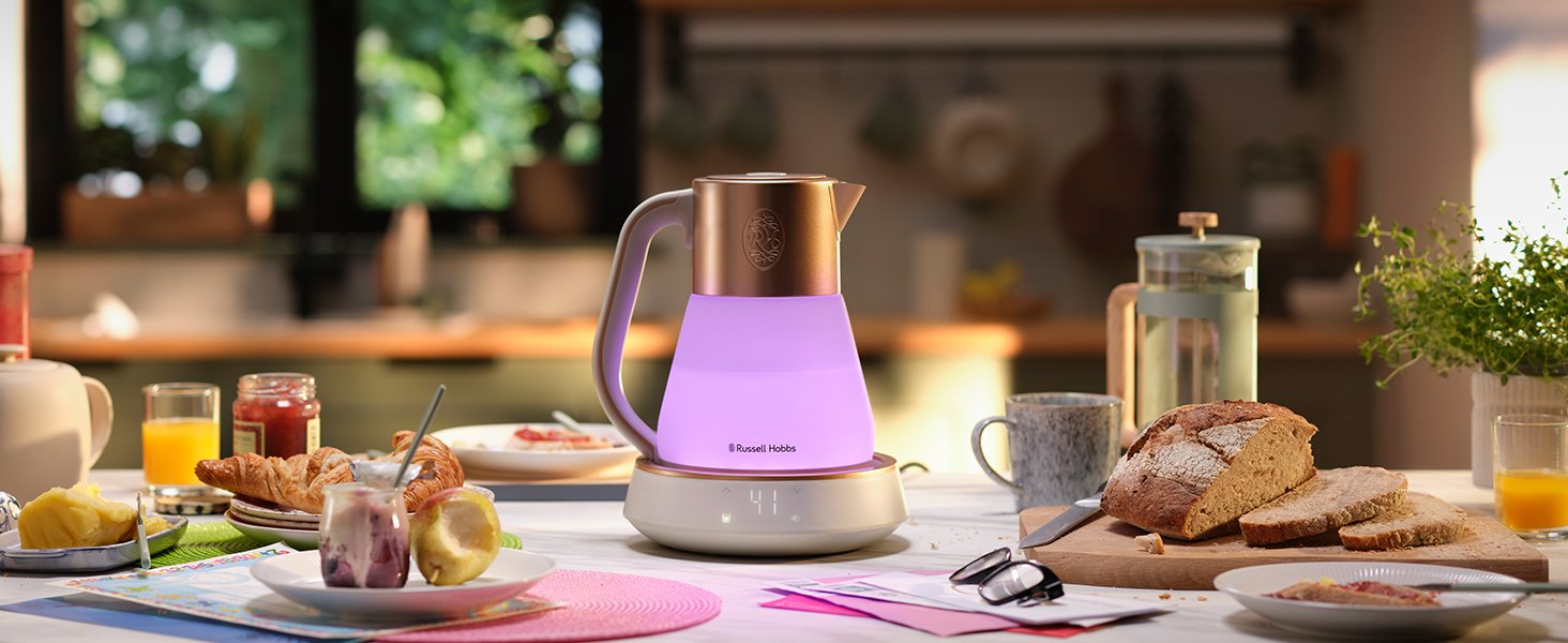 Електричний чайник Russell Hobbs зі скла 1,7 л з регулюванням температури 40-100°C, LED-підсвіткою, тихою технологією кип'ятіння, функцією підтримки тепла, цифровим дисплеєм, сенсорним управлінням, 2400 Вт, модель Calm 27450-70