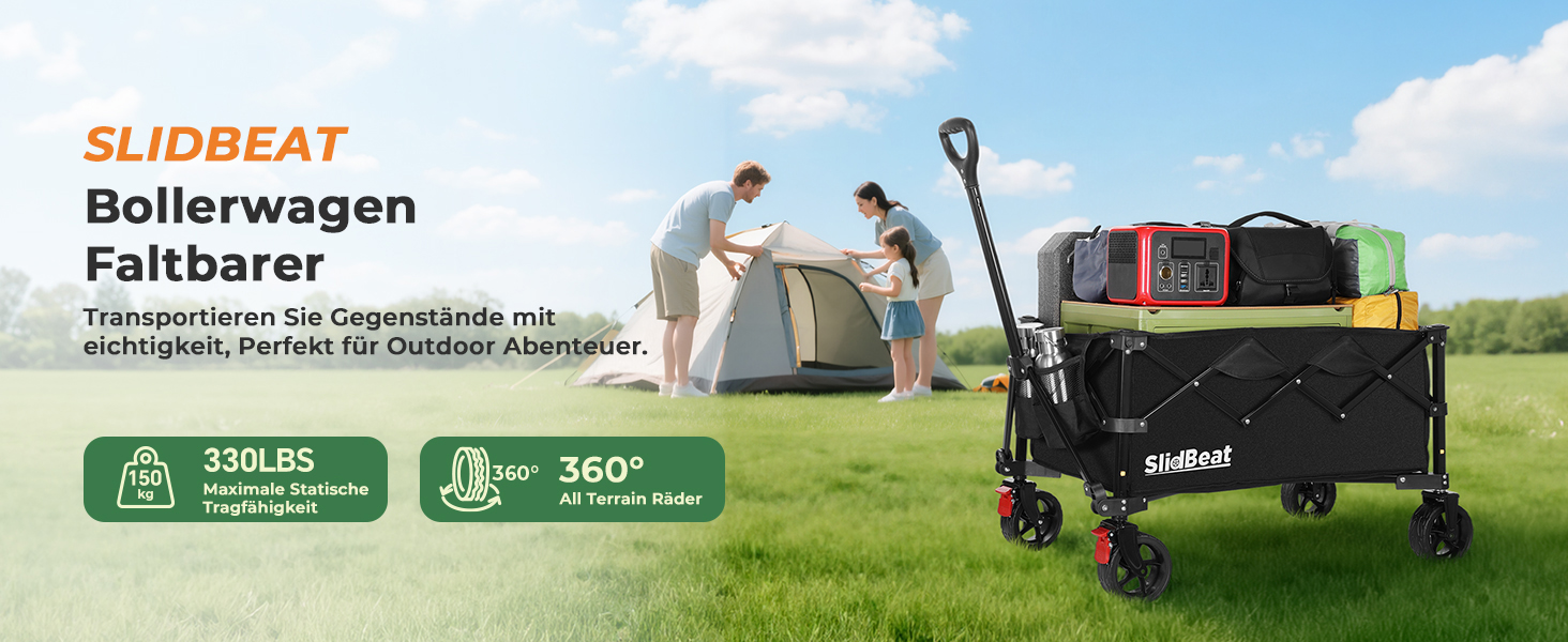 Візок складний SLIDBEAT Bollerwagen 150л, 150кг, чорний XL: для кемпінгу, покупок, саду, пляжу. Гальма, регульована ручка, тримач для напоїв.