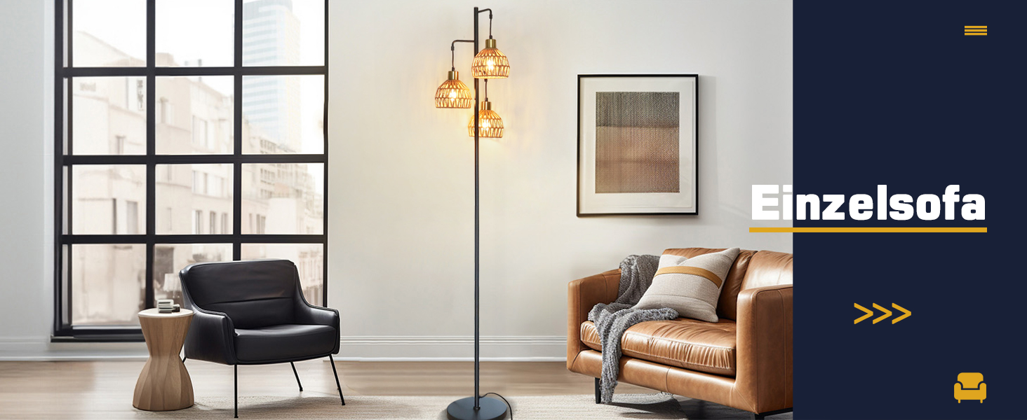 Стійка лампа ShineMuse Boho з ротангу, чорна, вінтаж, 170 см, 3 E27, LED, диммер, для вітальні