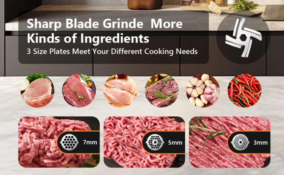 М'ясорубка електрична Profi 2000 Вт з насадками для ковбас, печива та кібе. 3 диски з нержавіючої сталі, 4 ножі. Для м'яса, овочів, сиру та тіста, Чорна