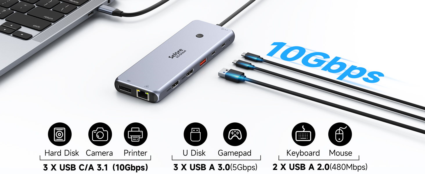 Док-станція USB C 13 в 1 для трьох моніторів: Dual HDMI 4K, DisplayPort, 10G USB 3.1, Ethernet, PD 100W, аудіо/мікрофон, сірий